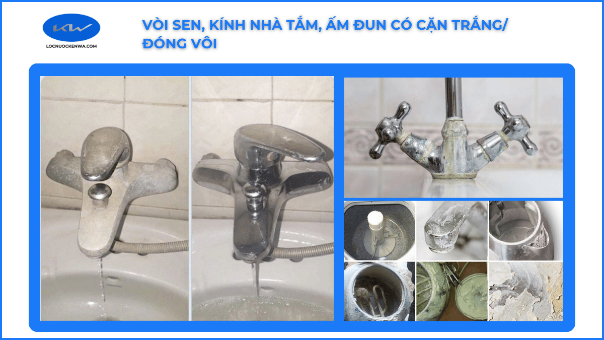 Nước có cặn trắng đóng vôi trên vòi sen và thiết bị vệ sinh
