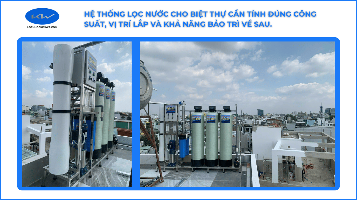 Hệ thống lọc nước cho biệt thự với cột lọc tổng và đường ống kỹ thuật