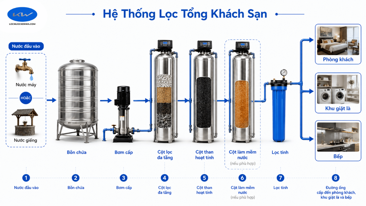 Sơ đồ cấu hình lọc tổng khách sạn gồm bồn nước bơm cấp cột lọc than hoạt tính và đường ống