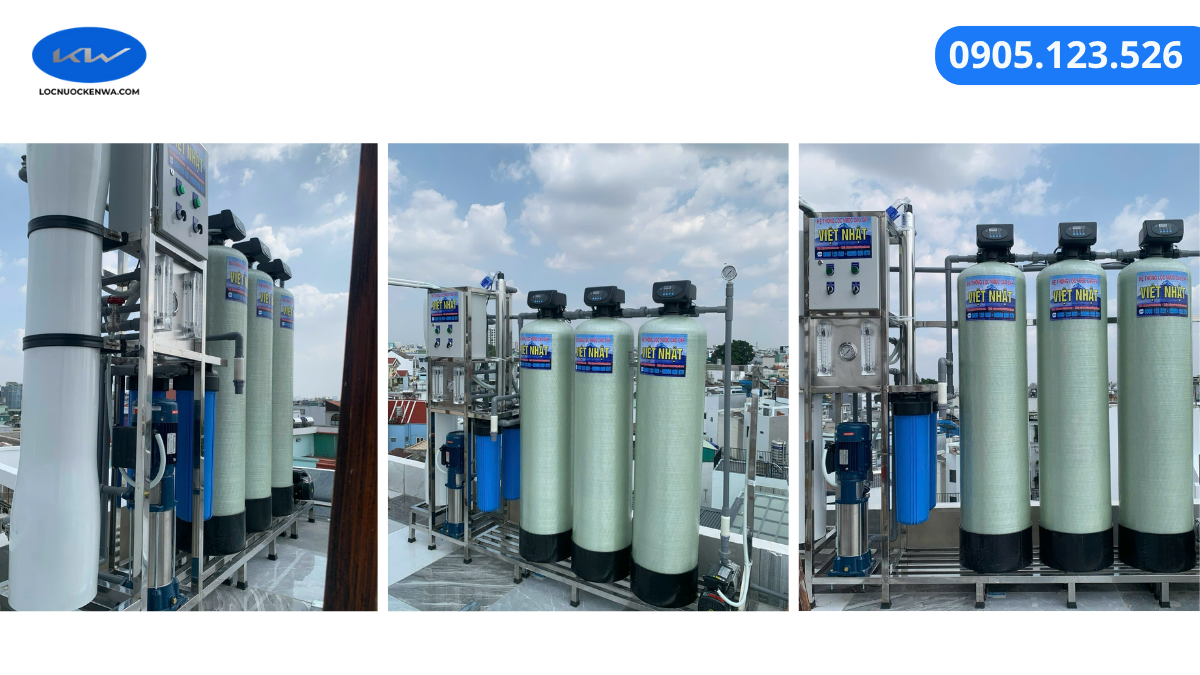 Kỹ thuật viên kiểm tra hệ thống lọc tổng RO 1000 lít giờ tại nhà phố Bình Dương