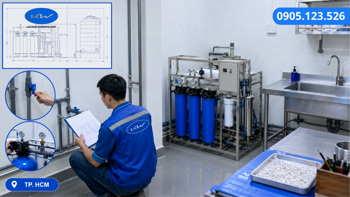 Kỹ thuật viên lắp đặt máy lọc nước bán công nghiệp tại khu pantry xưởng trang sức bạc TP.HCM