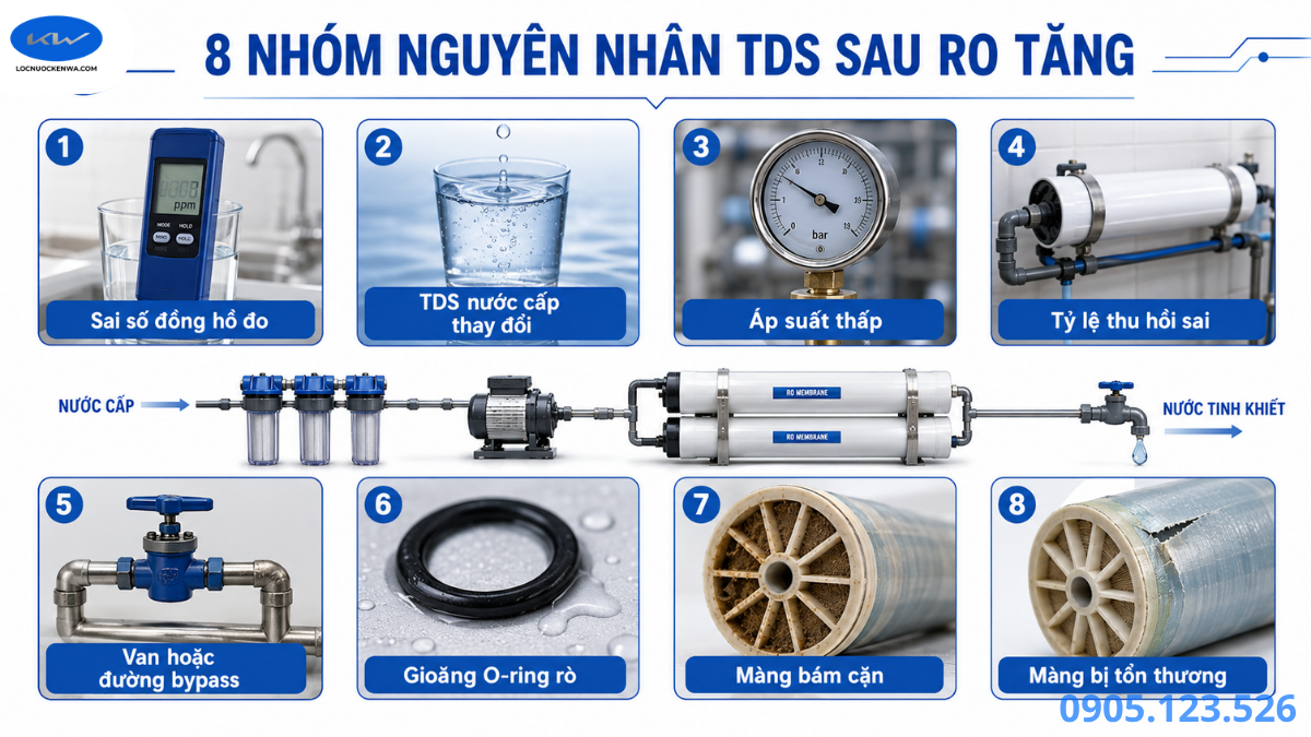 Infographic các nguyên nhân TDS sau RO tăng gồm thiết bị đo, áp suất, van, gioăng và màng