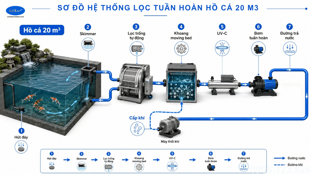 Sơ đồ hệ thống lọc hồ cá 20 m3 gồm lọc trống moving bed và UV-C
