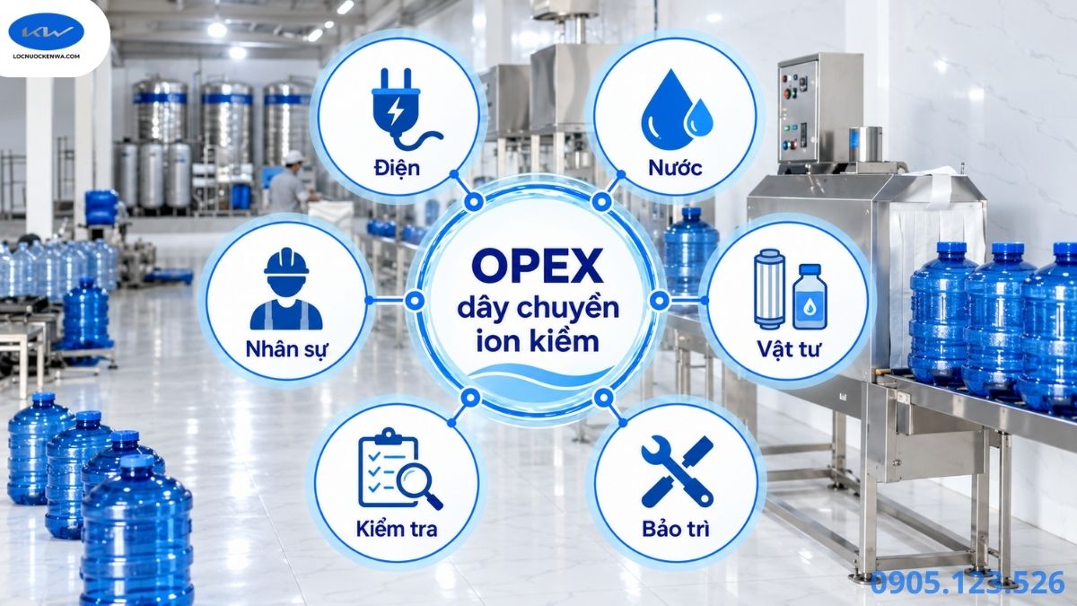 Sơ đồ OPEX dây chuyền ion kiềm gồm điện nước vật tư bảo trì kiểm tra và nhân sự